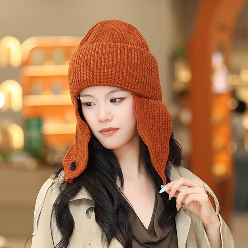 Korean Solid Color Earmuff Knitted Hat Winter Keep Warm Versatile Beanie For Women
