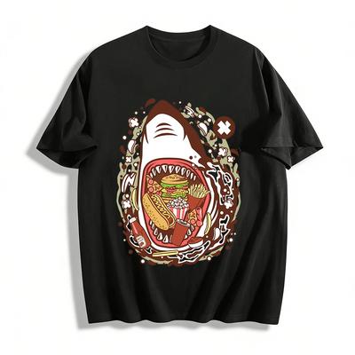 Shark Devouring Fast Food Graphic Print Casual T-Shirt Pure Cotton T-shirt