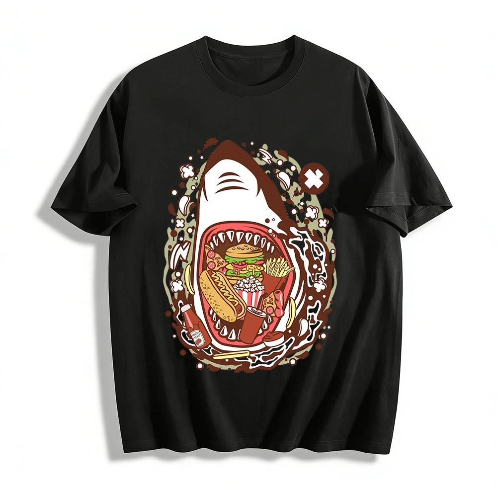 Shark Devouring Fast Food Graphic Print Casual T-Shirt Pure cotton T-shirt XXS