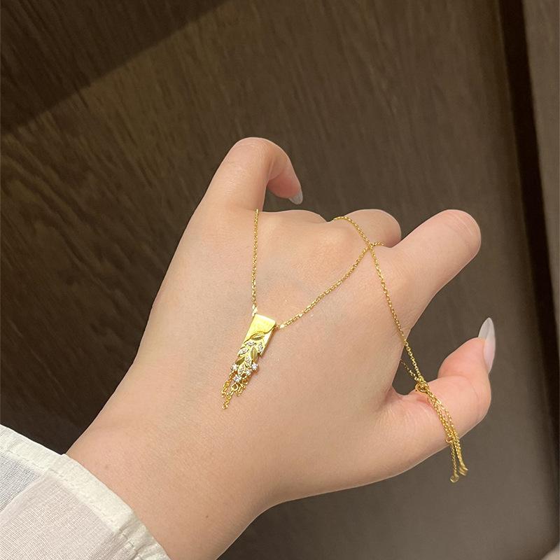 Real Gold Electroplated Zircon Wheat Ear Fringed Necklace New Chinese Style Retro Collarbone Chain Light Luxury Niche Necklace Wholesale