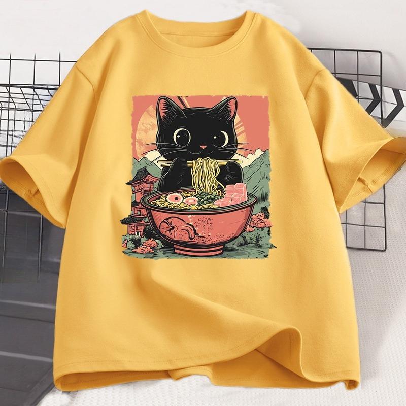 

Cute Black Cat Eating RaUnisex T-Shirt Unisex WOMEN Adorable Graphic Tee Shirt Foodie and Cat Lover Tshirt Animal Printed Tees Top 4XL
