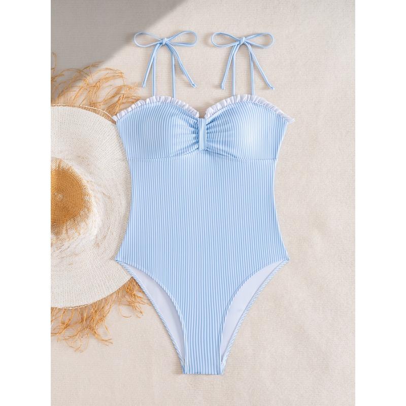

Women s Black White Striped Halter Tie Ruffle Trim One-Piece Swimsuit S