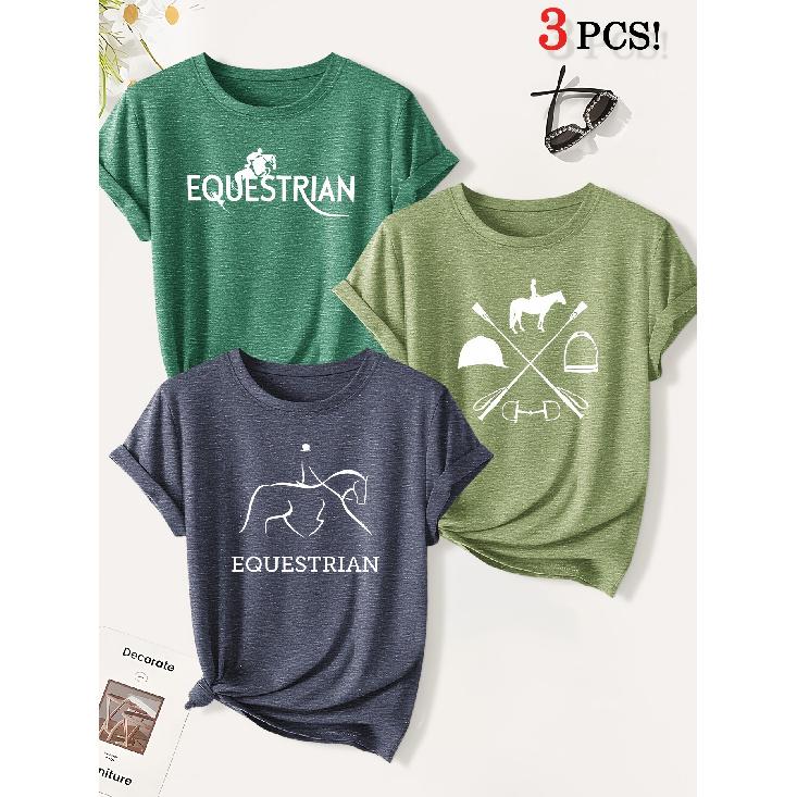 3 Equestrian-themed printed fashion retro-style women's short-sleeve suit Versatile for daily commuting and casual wear in spring and summer T Shirt
