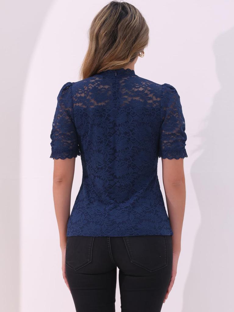 Allegra K Floral Lace Mock Puff Short Elegant Lace Dark Size S Women's Top, Neck, Sleeves, Sleeves, Dressy, Blouse, Blue,