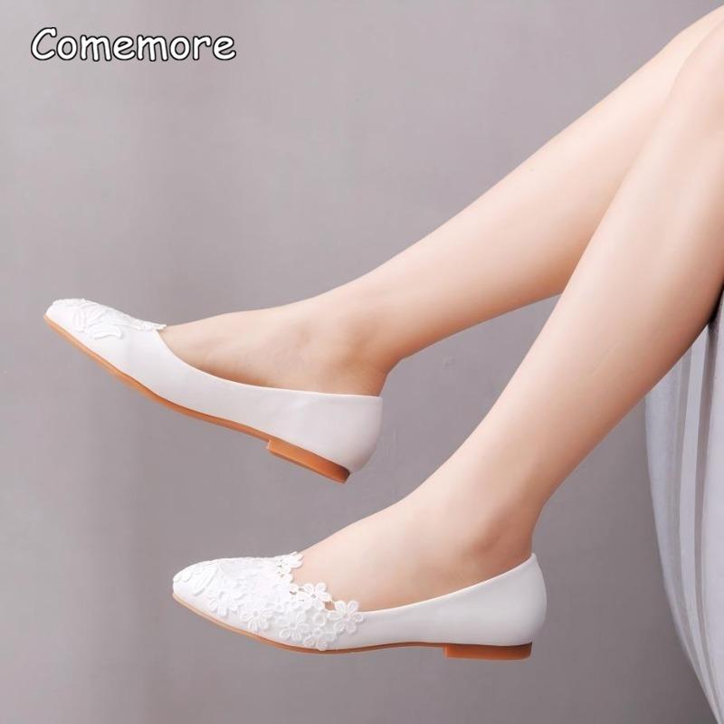 Plus Size 35-43 Women's White Lace Wedding Flats Pointed Toe Low Heel Bridal Shoes Elegant Slip on Loafers Zapatos De Mujer
