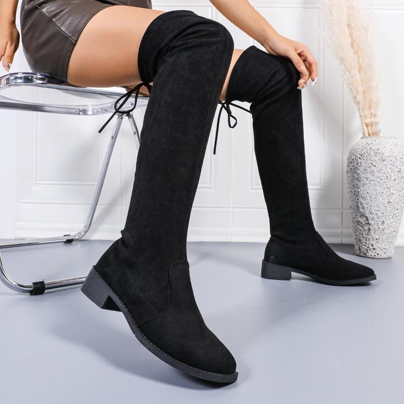 2024 Autumn Zipper Elastic Knee-high Boots for Women Tube Lace-up Thigh Gigh Boots Black Botas Faux Suede Female Heels Mujer