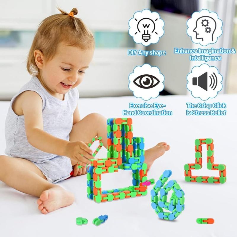 24 Links Wacky Tracks Snap and Click Fidget Toys, Plastic Chains Fidget Snake Toys, Stress Relief Toys for Kids