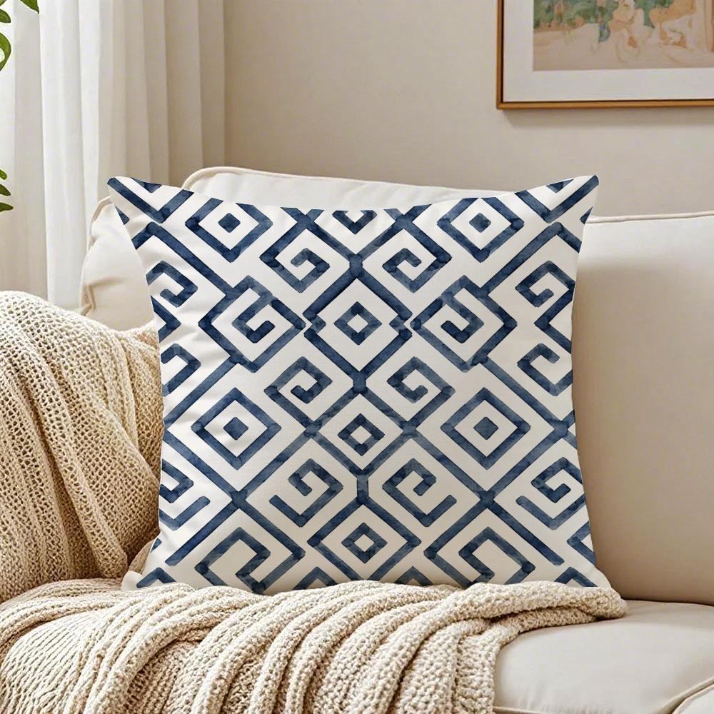 Blue Geometric Print Pillow Case Breathable Organic Short Plush Cushion Covers Machine Washable Wrinkle-Resistant Soft Durable