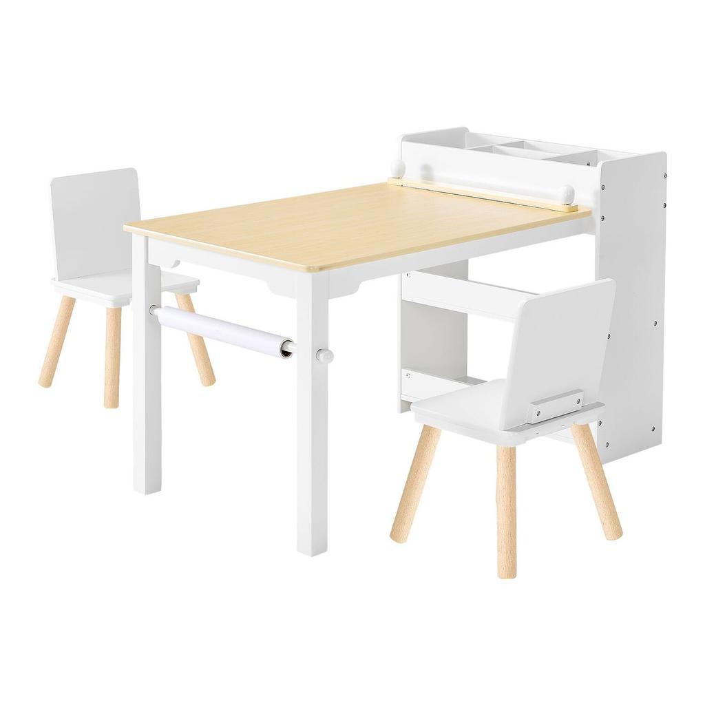 Kids Art Table and Chair Set, Toddler Craft Table with 3 Tiers Storage Cabinet, Wooden Kids Activity Play Desk with 2 Chairs, Art Craft Play Desk for
