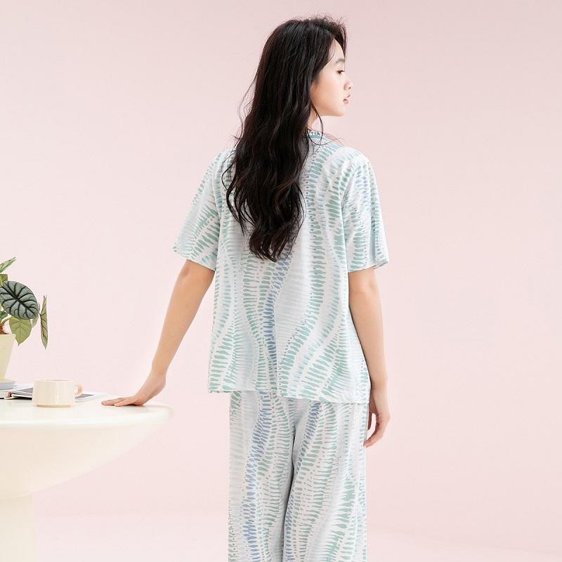 Fenteng [100% cotton] lace V-neck bow short sleeved cropped pants thin home suit set women's pajamas