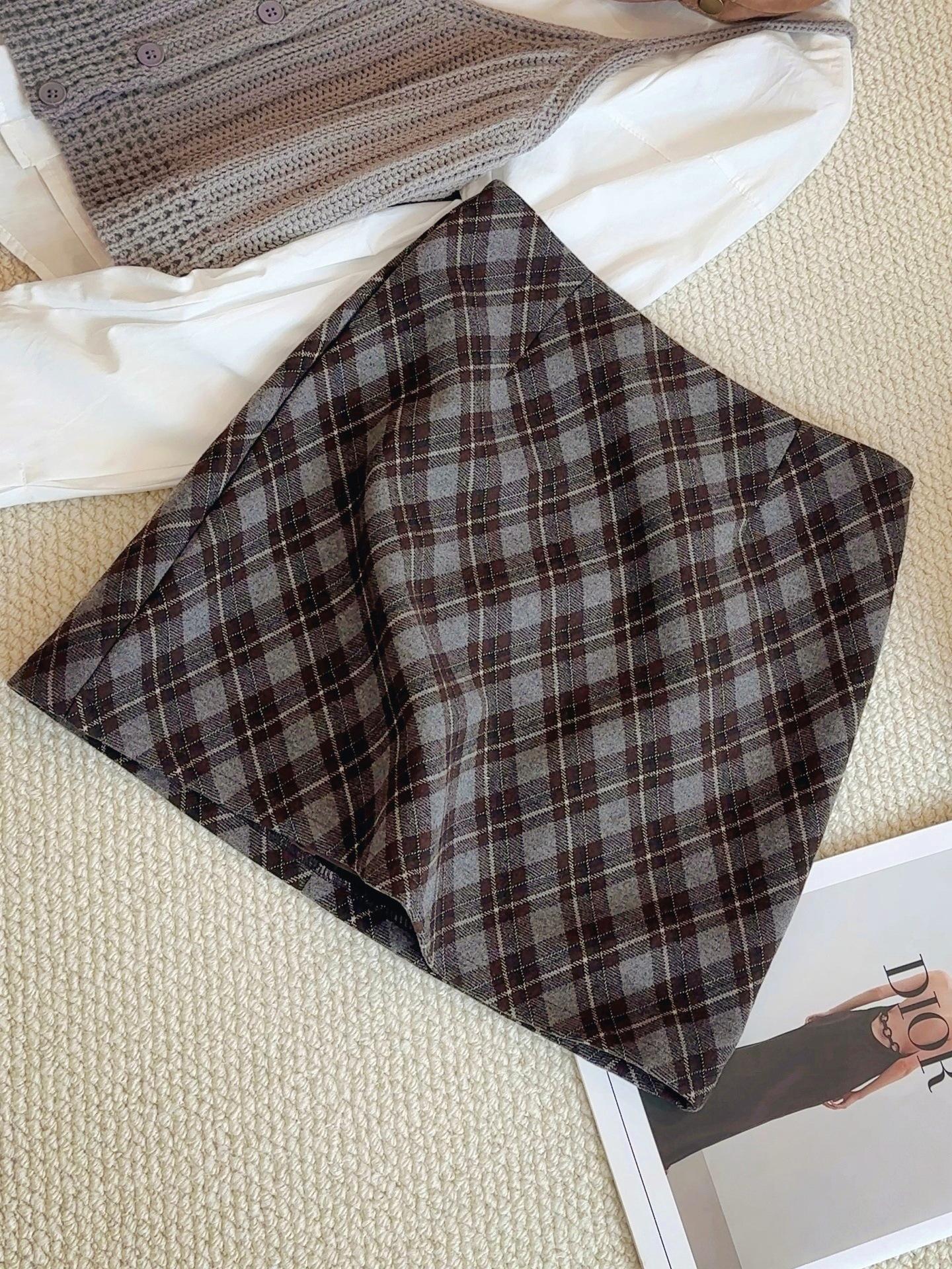 Women s Retro Plaid Woolen High-Waist Skirt - 2025 Autumn Collection Medium хаки