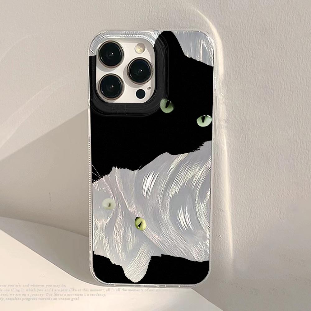 Cute Black Cat Phone Case For iPhone 17 Air Case iPhone17 16 15 11 12 13 14 Pro Max Plus Laser Silver Feather Texture Shockproof Cover
