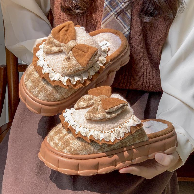 Thick-bottomed Cotton Slippers To Keep Warm In Autumn and Winter 2025 New Sweet Bow Indoor Home Fleece Thickened Outer Wear