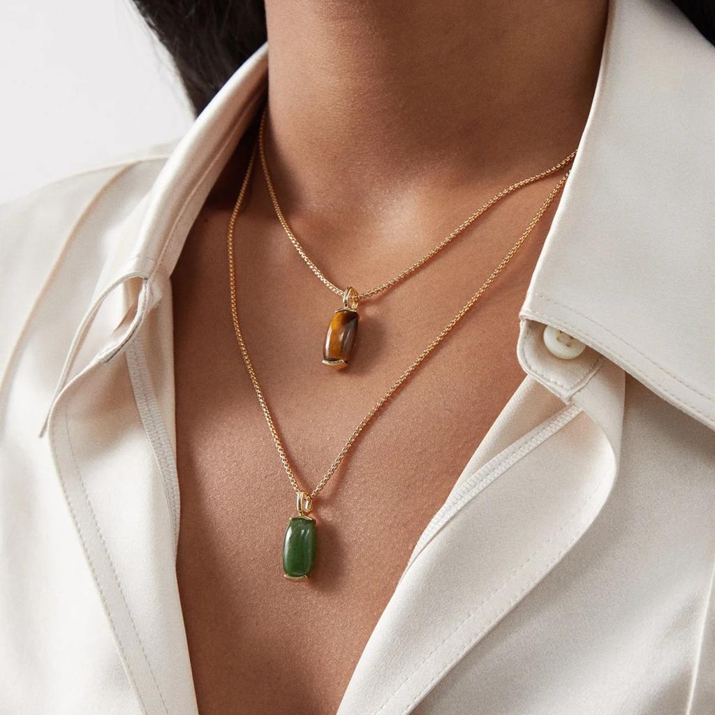 Simple Temperament Versatile Brass Plated 18K Real Gold Chain Green Dongling Tiger'S Eye Stone Pendant Collarbone Chain Sweater Chain Women