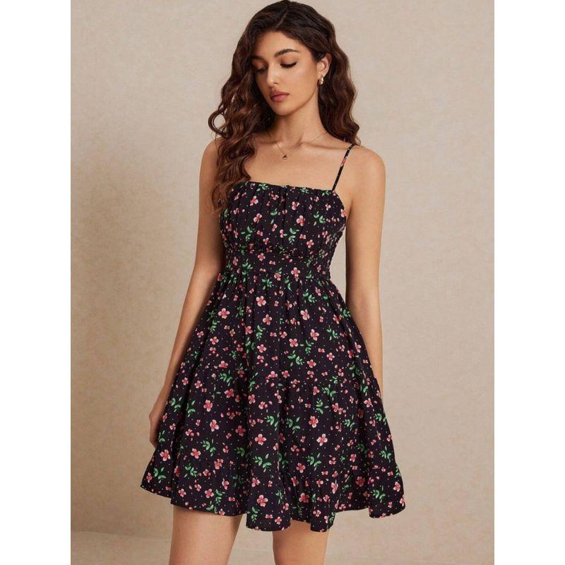 European American Summer New Fashion off-Neck Open Back Floral Strap Silm Small Ruffles Dress Dress