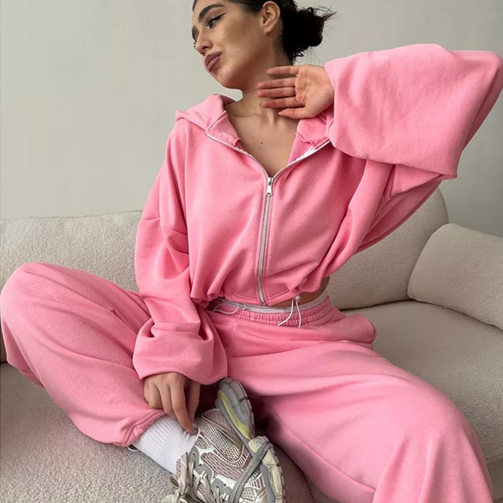 Women's Casual 2-Piece Sports Suit: Solid Color Long-Sleeve Zipper Cardigan with Drawstring Hood + Elastic-Waist Pants
