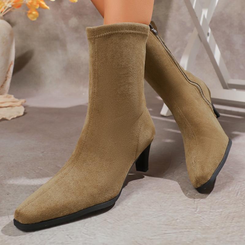 Small Square Toe Suede Block Heel Short Boots Autumn New Side Zipper Non-slip Wear-resistant High Heel Skinny Shoes