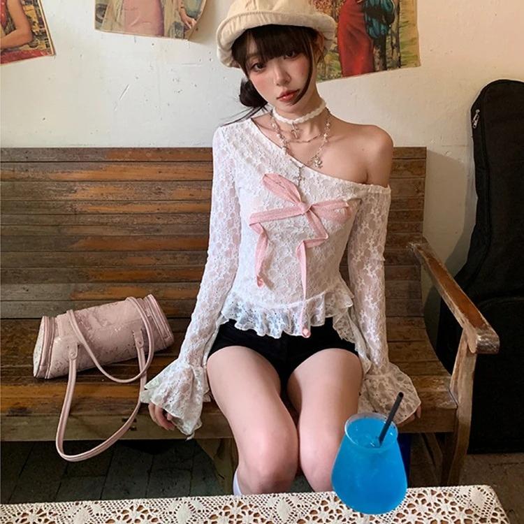 Hotsweet Lace Bow Women's T-shirt Long Sleeve 2000s Clothes Y2k Japan Style Kawaii Off Shoulder Tees Female Clothing