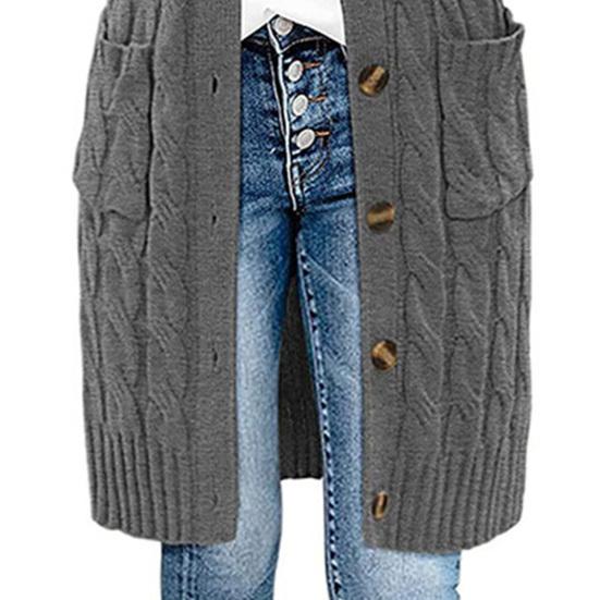 Solid Color Long Sleeve Women Cardigan Button Down Pockets Open Front Twist Sweater Coat Outerwear