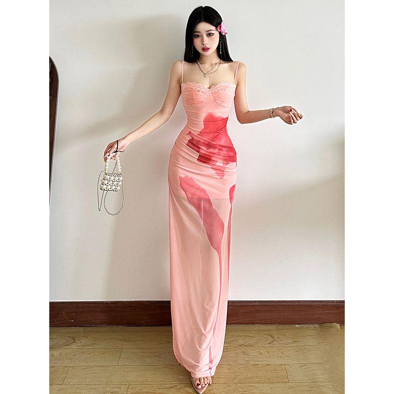 # Sisjuly# Sweet Girl Pink Demon Vacation Production Suspender Skirt Women Mesh Long dress Dress Fashion