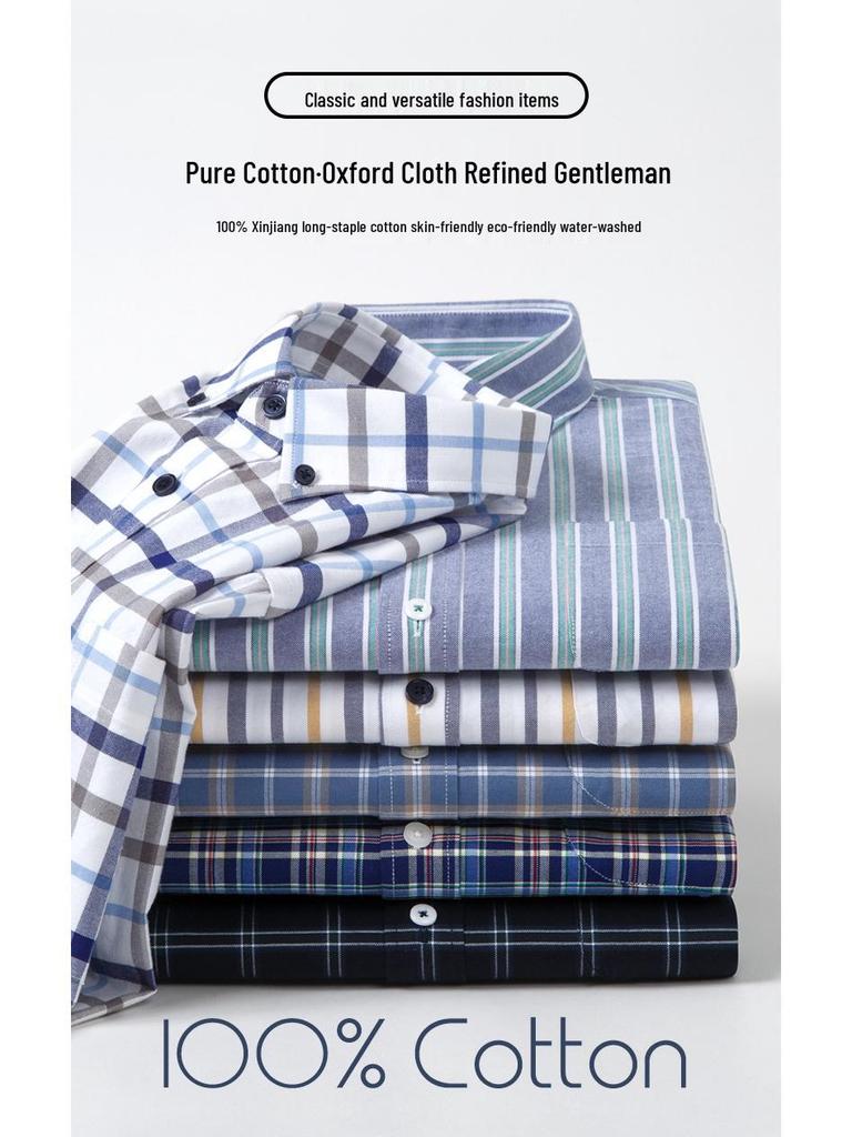 Camicia da uomo a righe in cotone Oxford a maniche lunghe con bottoni