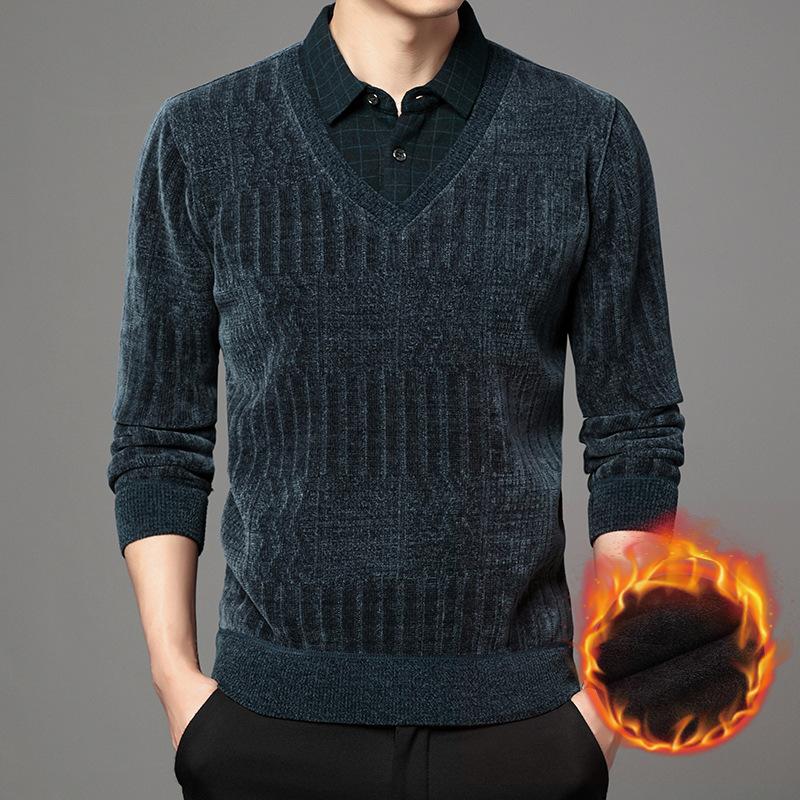 

Мужской зимний свитер из двух частей из синели и бархата, утолщенный, имитация, для среднего возраста, теплая трикотажная рубашка для папы 2XL