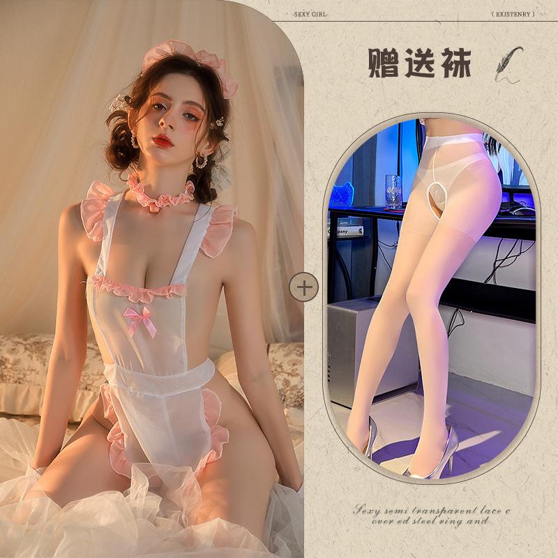 Sex Underwear New Sexy Perspective Soft Yarn Backless Lace Apron Role-playing Set