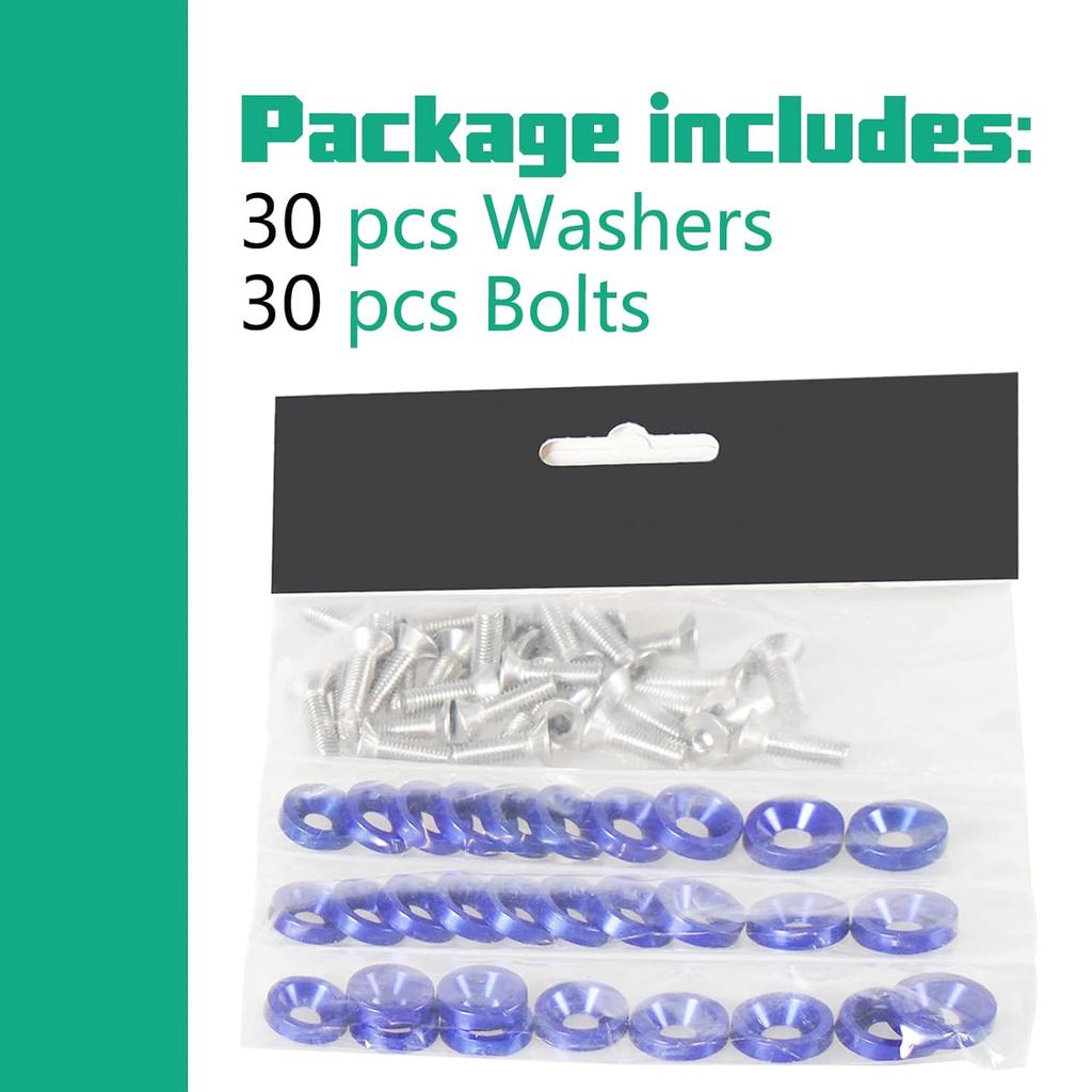 YESHMA 30 Pcs Bumper Fender Washers M6X20Mm With Bolts, Engine Bay Dress Up Fastener Kit Aluminum For Headlights Trunk License Plate Frame (Blue)