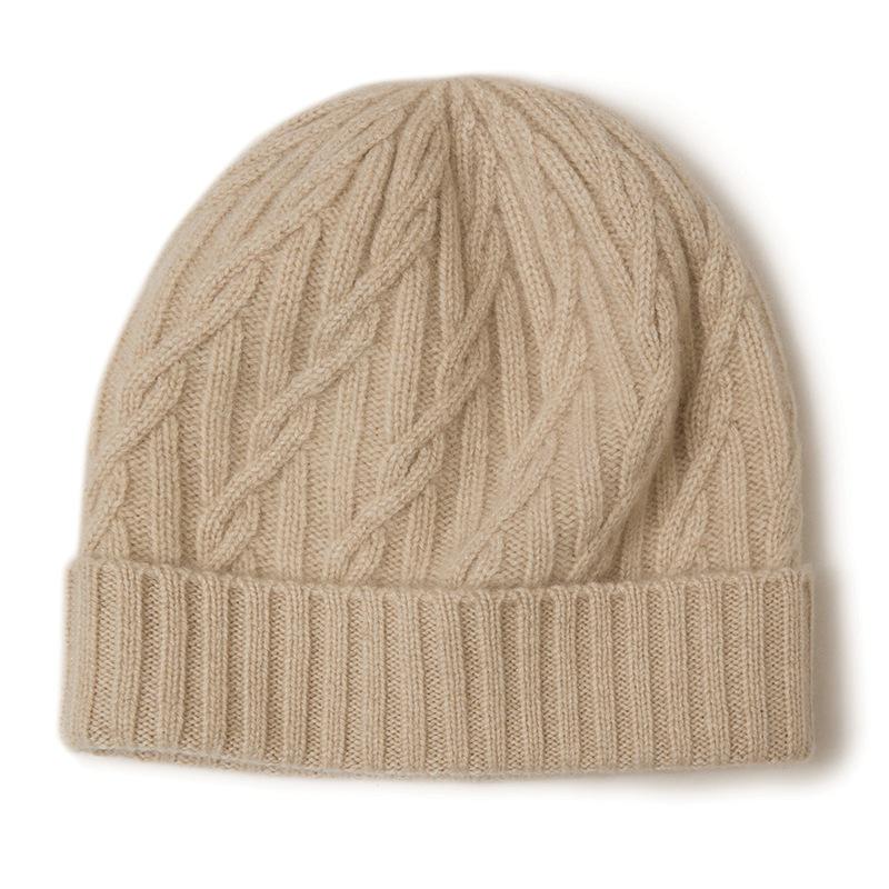 Women's Warm Cable Knit Turn-up Hat - Pure Cashmere, Ear Protection, Windproof, Solid Color for Autumn/Winter
