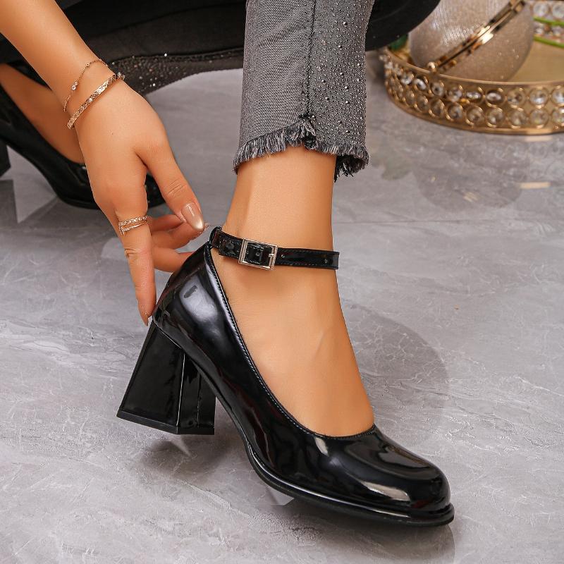 New Ankle Strap Chunky Heel Mary Janes Pumps Women Fashion  Patent Leather Dress Shoes Woman Elegant Round Toe High Heels Pumps