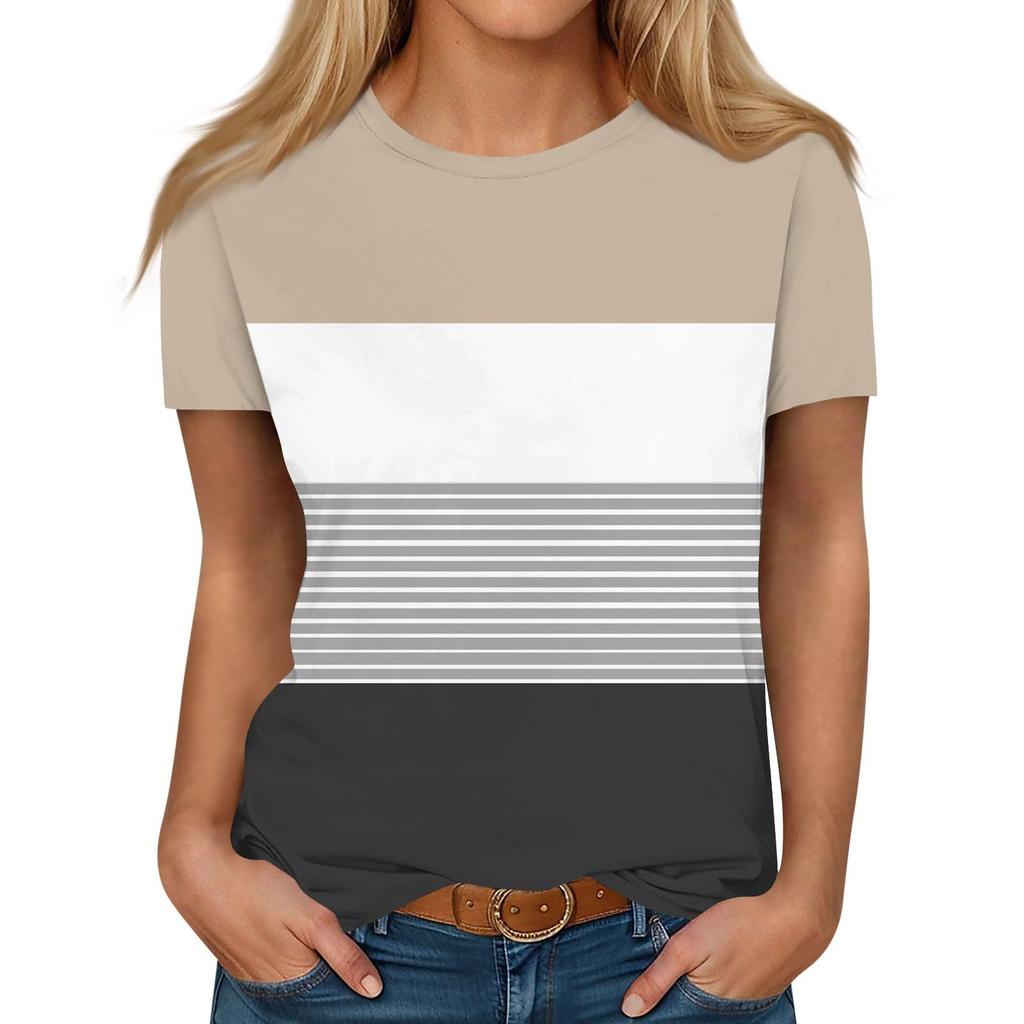 Summer Round Neck 3D Color - Block and Striped Print Top Fashionable Casual Short Sleeved Women's T-shirts