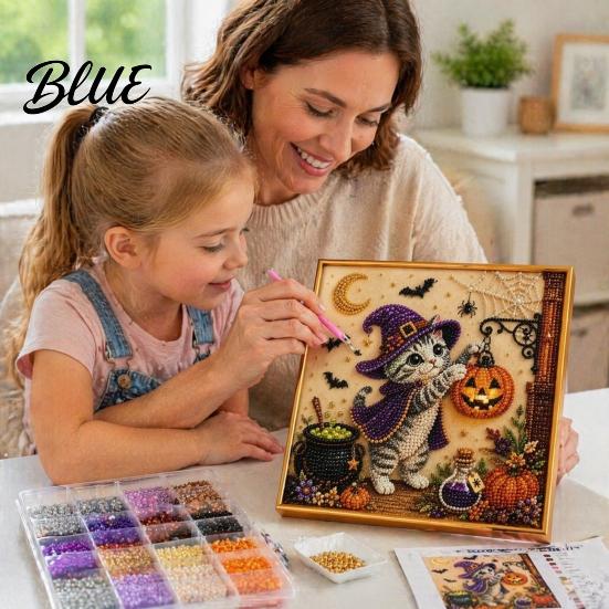 DIY Cat Craft for Adults Halloween Faux Pearl Painting Art Kit Spooky 3D Beads Moonlight Theme Crafts Cute Witch Gem Wall Adults Lovers Beginner