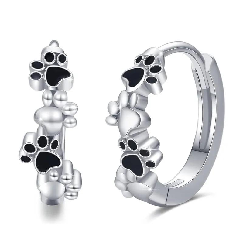 Dainty Pet's Paw Hoop Earrings for Women Girls Black Footprints Design Small Circle Earrings Exquisite Female Jewelry