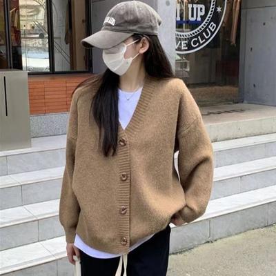 V-neck Knitted Cardigan for Women In Autumn, Winter, Lazy and Loose Sweater Jacket, Japanese Retro Short Top