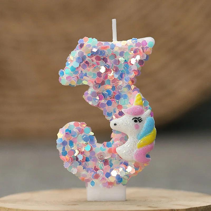 Gradient Pink Unicorn Happy Birthday Candles with 0-9 Number for Cake Decoration Children's Party Favors Cake Toppers DIY