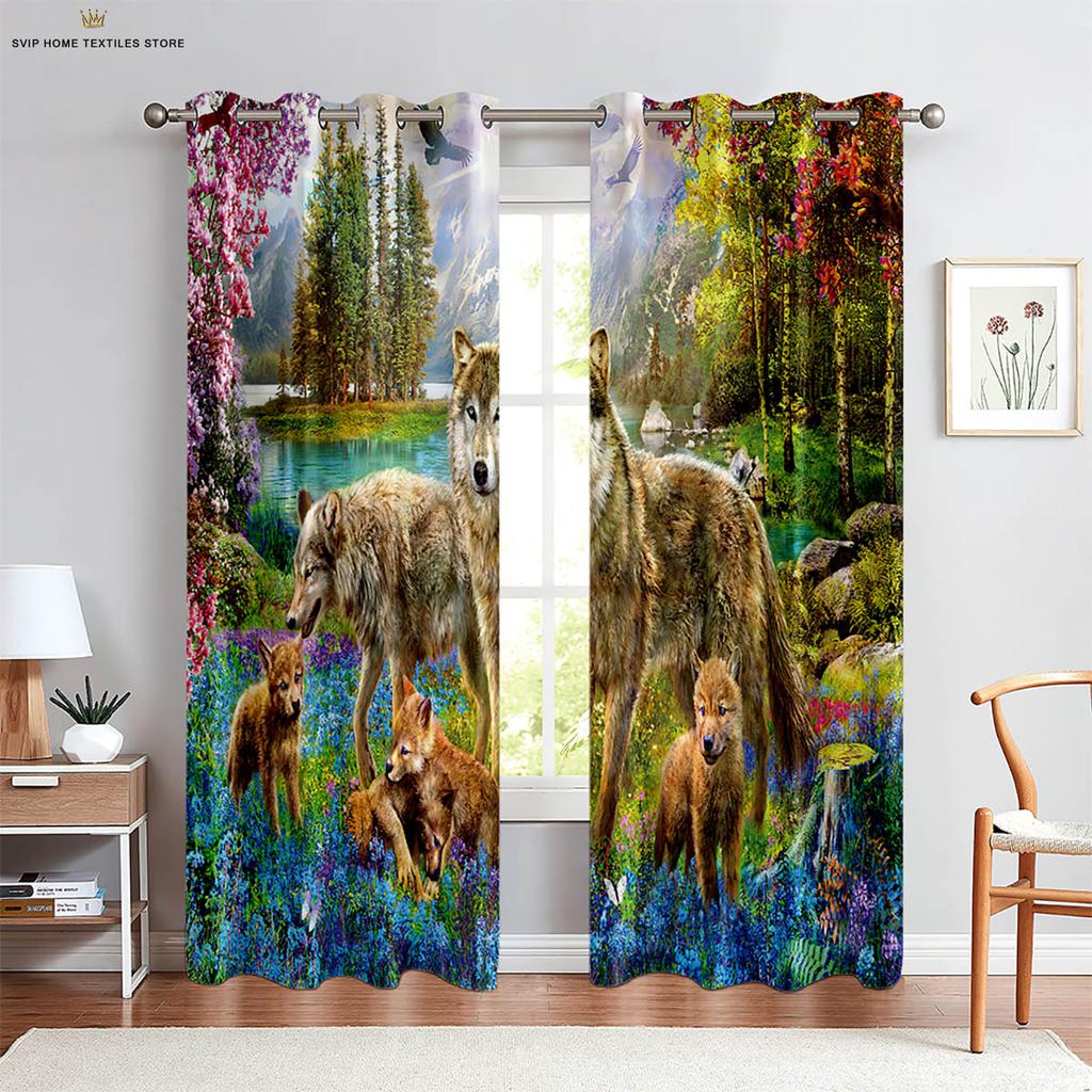 Starry Sky Wolf Animal 3D Printed Curtains, Suitable for Bedroom, Study, Kitchen, Living Room, Decorative, 2 Pieces