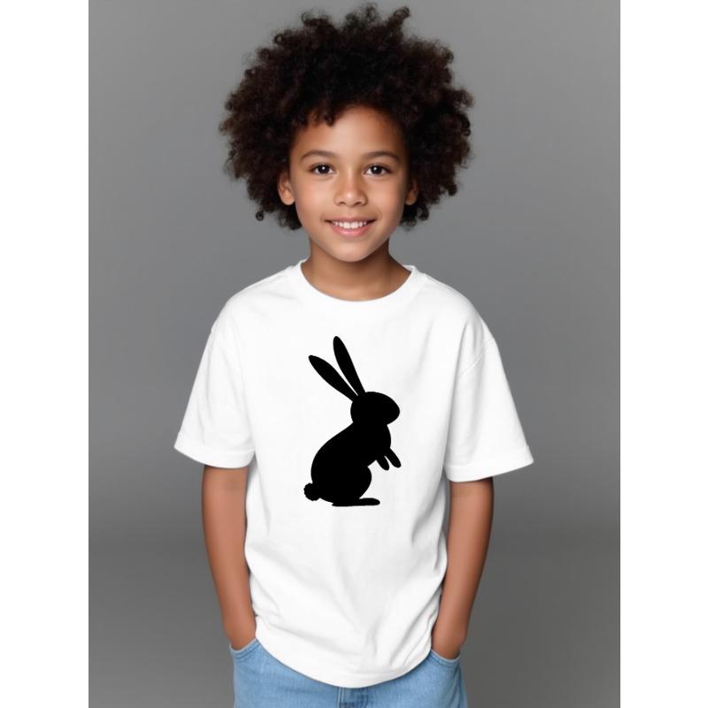 European Size Boys Round-neck Short-sleeved T-shirt with Black Rabbit Pattern Print