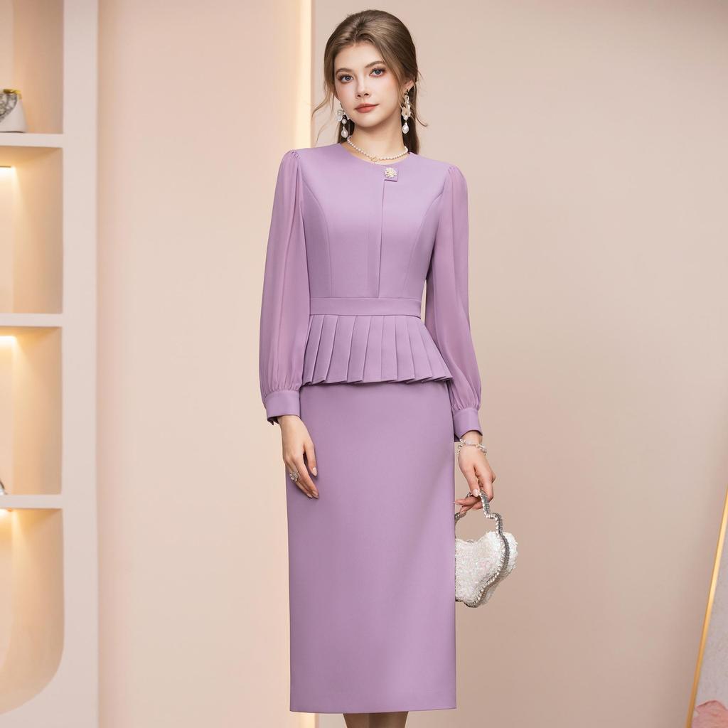 Zhi Li Elegant Taro Purple Slimming Pleated Long Dress with Cinched Waist - Spring 2026 Arrival