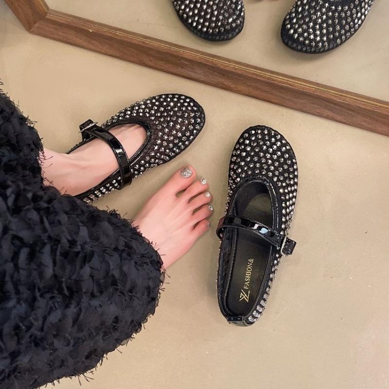Mesh rhinestone breathable one-word buckle flat-bottomed Mary Jane shoes women's shallow mouth single shoes summer new niche ballet shoes