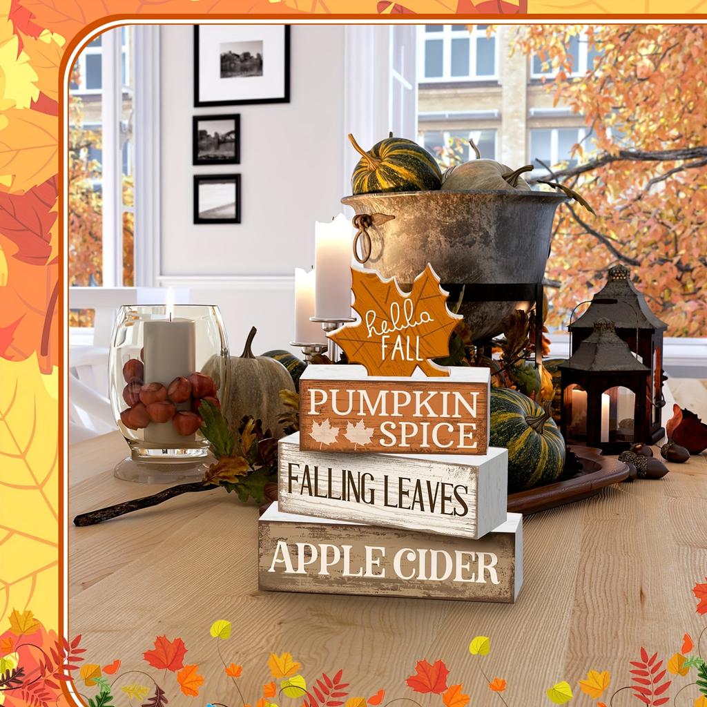 4pcs Wooden Fall Tabletop Decor Maple Leaf Tiered Trays, Rustic Farmhouse Autumn Centerpiece with Block Signs, Christmas Decor