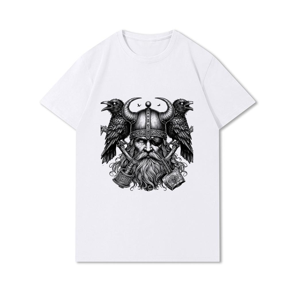 100% Cotton Summer Men T Shirts Viking Vintage Skull Beard with Headphone Printed Casual Top Tees