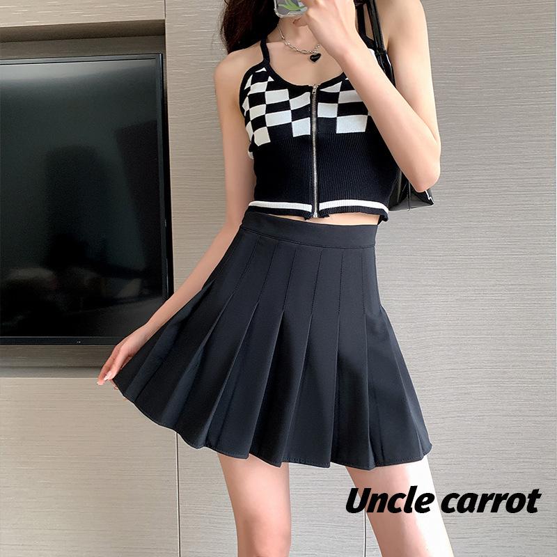 

Черная юбка миди А-силуэта большого размера с плиссировкой - Летний преппи стиль, Японско-корейская завышенная талия L