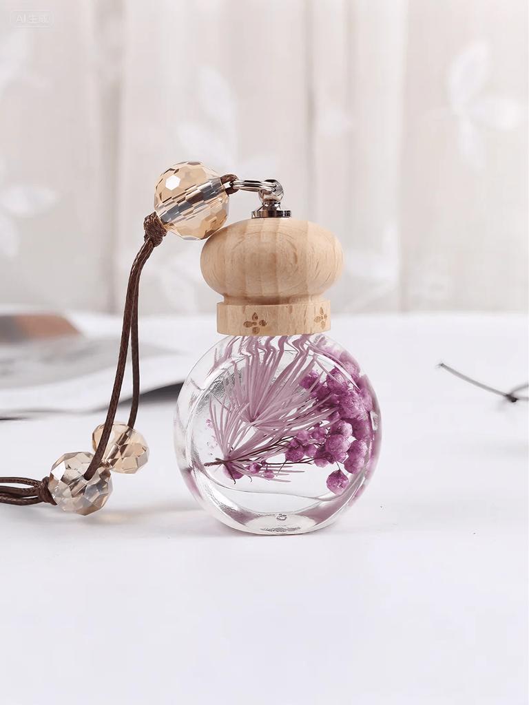 Car Fragrance Pendant - Empty Glass Bottle with Preserved Flowers, Refillable with Essential Oil or Perfume, Hanging Fragrance