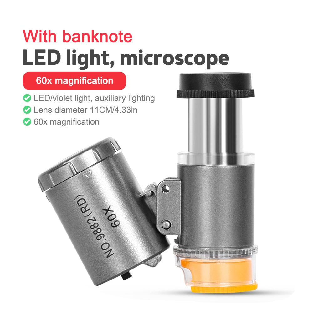 60x Portable Magnifier Handheld Identification Microscope 3 LED Lights Silver Dollar Antique Printing Identification