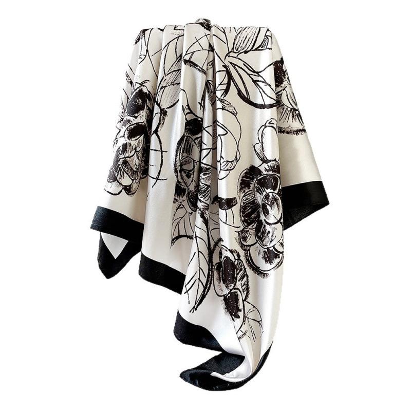 90cm Rayon Satin Scarf – Camellia Print Headscarf: A Trendy, Versatile Shawl for Women