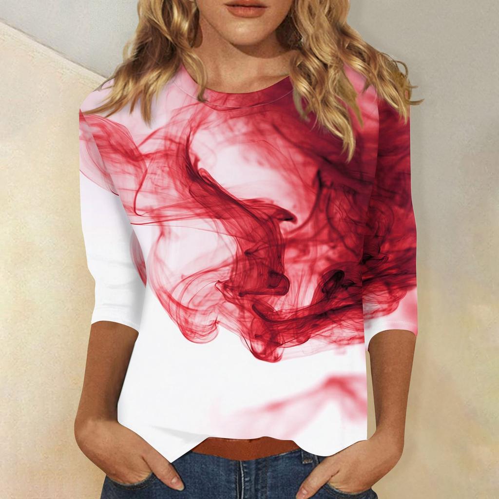 Women's Fashion Casual Round Neck 3/4 Sleeve Loose  Printed T-Shirt Ladies Top
