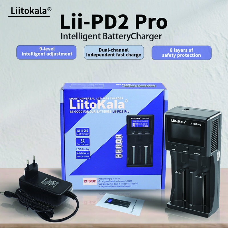 LiitoKala Lii-PD2-Pro LCD Battery Charger 3.7V Li-ion /18650/18500/16340/26650/21700 /20700/18350/CR123A 1.2V battery EU-Lii-PD2-Pro