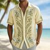 Men's Light Yellow Vintage Botanical Print Short Sleeve Shirt, Casual Button Down with Green Leaf Vine Pattern for Spring Summe