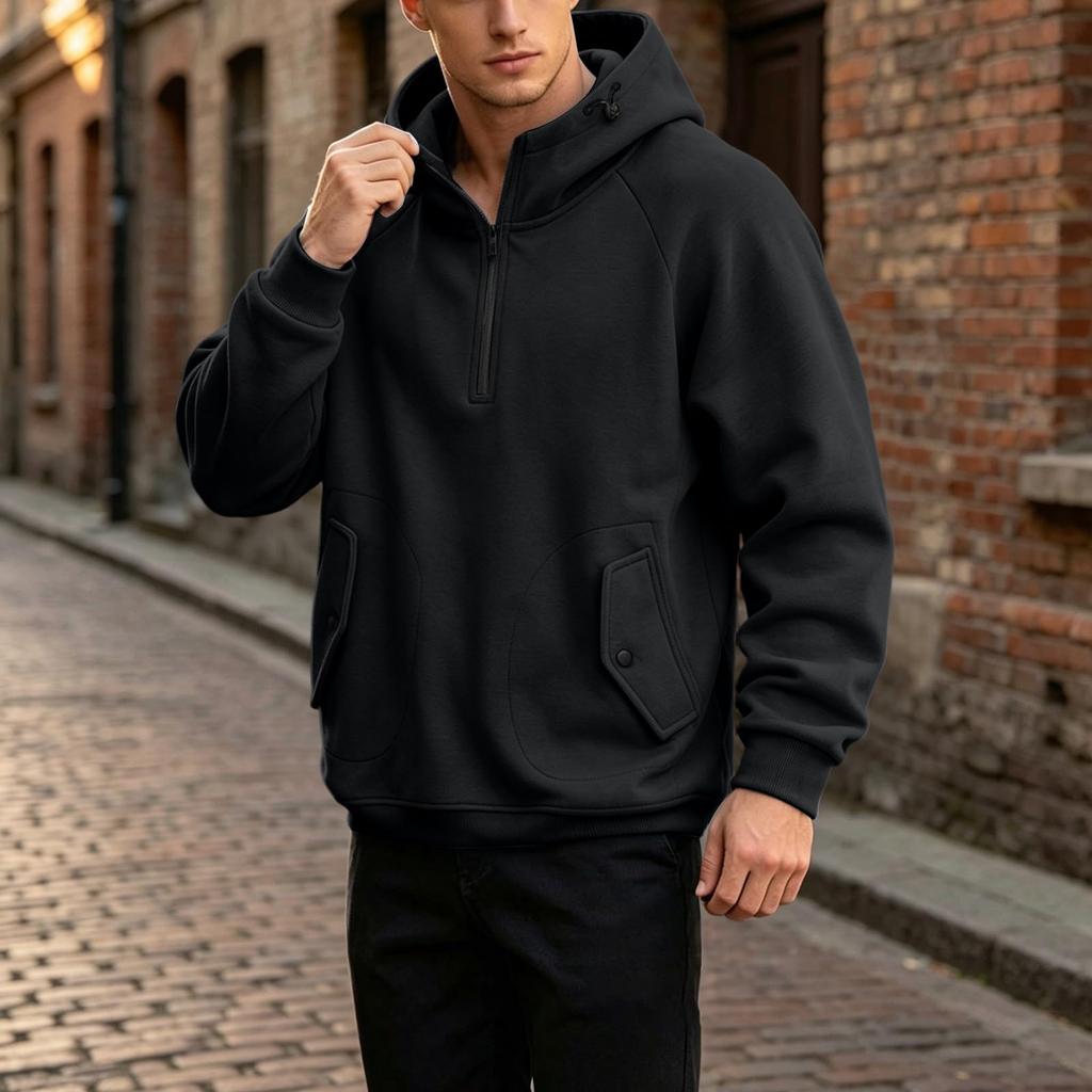 Men's Casual Loose Fit Half-Zip Hooded Pullover for Spring and Wear