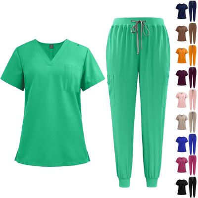Women's Quick Drying Fabric Solid Color V-neck Pocket Short Sleeved Pants Set Workwear